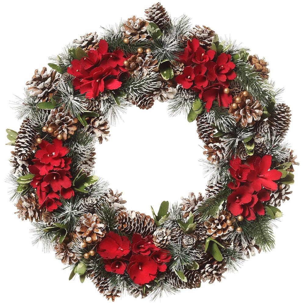 SilksAreForever 18.8" Flocked Artificial Pinecone, Berry & Wood Chip Flower Wreath -Red/Brown (Pack of 2)
