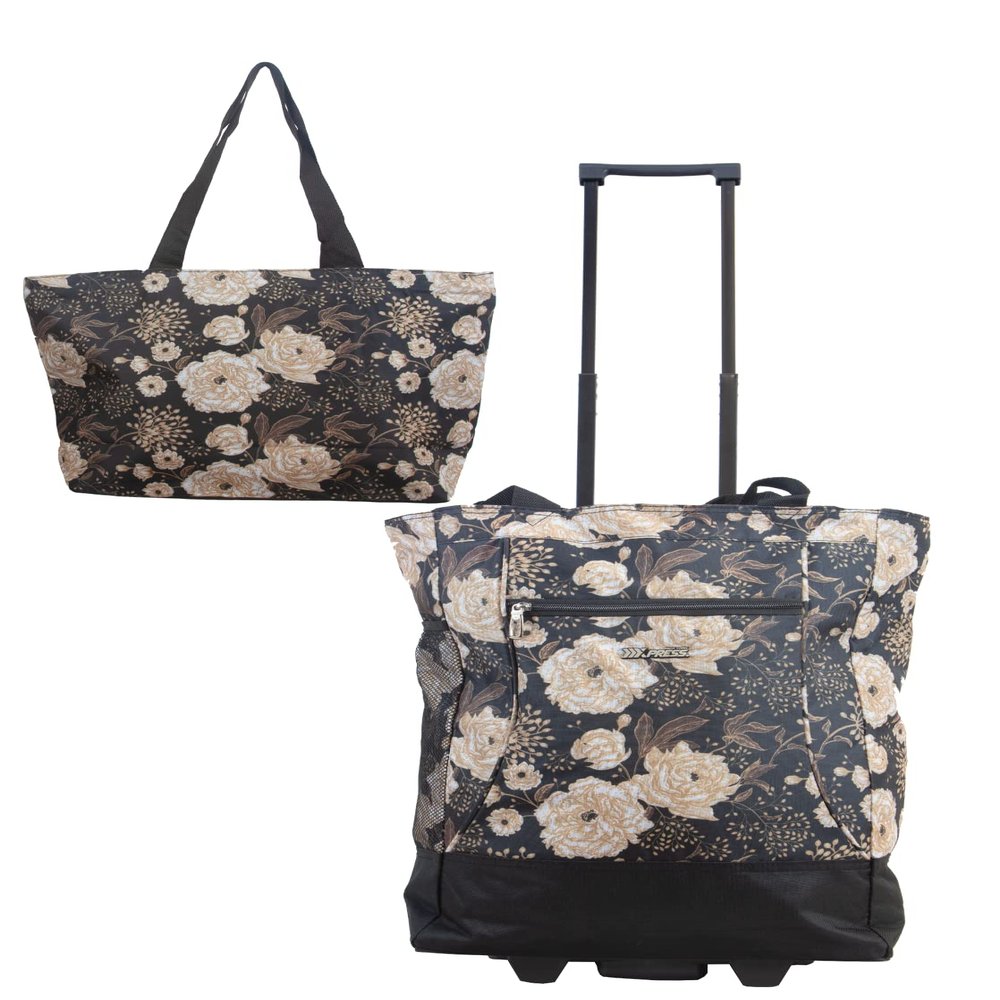 New York XPress 2-in-1,Portable and Push-Rolling Tote Bag/Rolling Tote with Wheels and Handle/Shopping Tote Bag for wowen#Whitefloral
