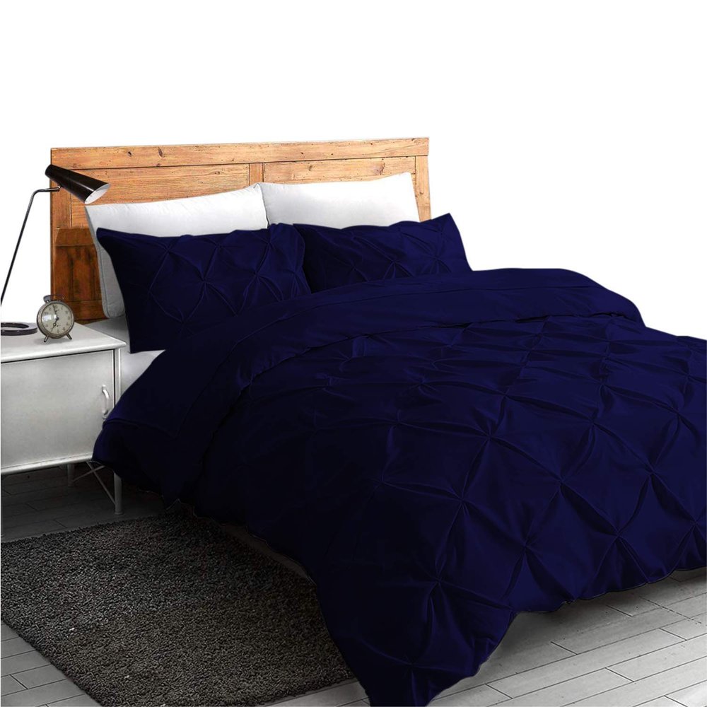 All Season Soft Luxurious Decorative Cotton Pintuck 3 Piece California King Duvet Cover Zipper & Corner Ties 2 Pillow Shams Navy Blue Comforter Cover Cal-King (110'' x 98'')