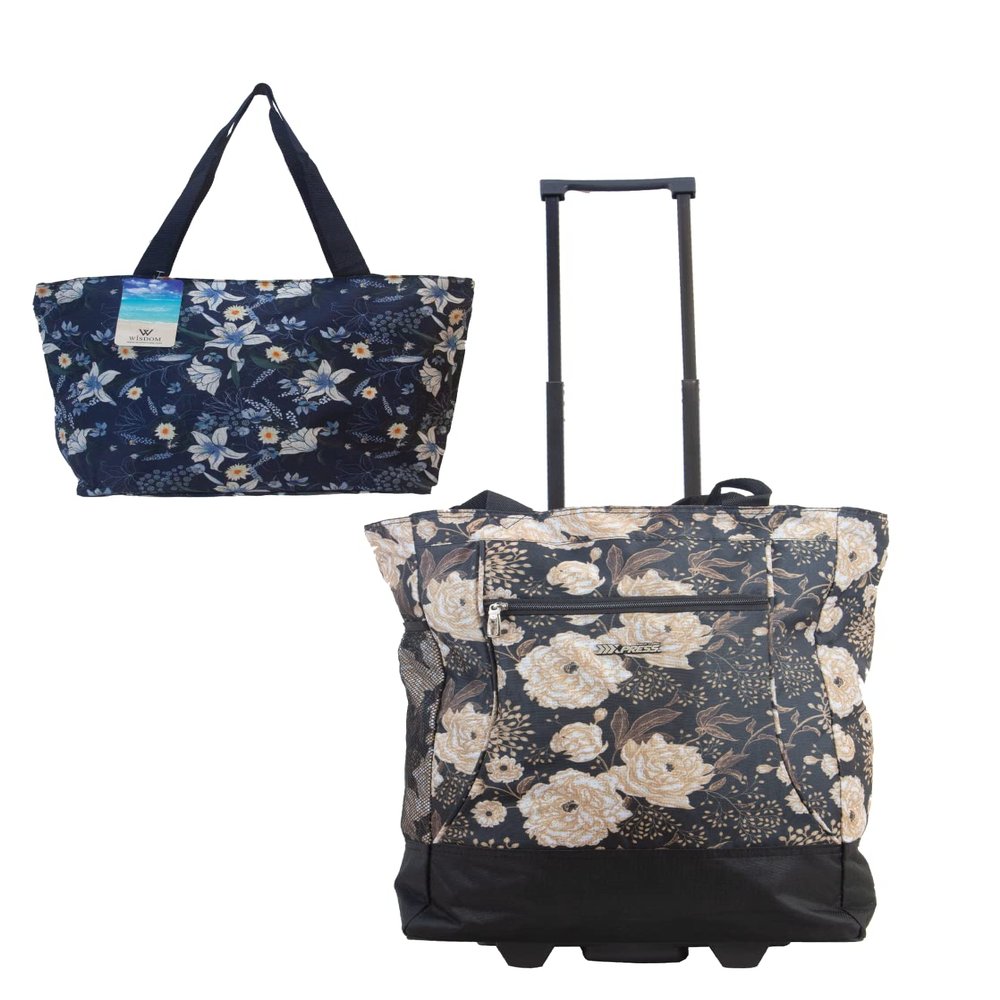 New York XPress 2-in-1,Portable and Push-Rolling Tote Bag/Rolling Tote with Wheels and Handle/Shopping Tote Bag for wowenBlue Lilies/White Floral
