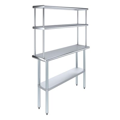 AmGood Stainless Steel Work Table with 12" Wide Double Tier Overshelf | Metal Kitchen Prep Table & Shelving Combo | NSF (Stainless Steel Table with Double Overshelves, 48" Long x 14" Deep)