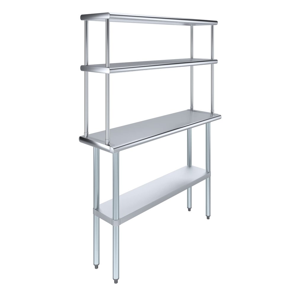 AmGood Stainless Steel Work Table with 12" Wide Double Tier Overshelf | Metal Kitchen Prep Table & Shelving Combo | NSF (Stainless Steel Table with Double Overshelves, 48" Long x 14" Deep)