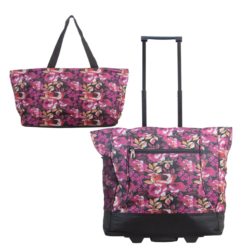 New York XPress 2-in-1,Portable and Push-Rolling Tote Bag/Rolling Tote with Wheels and Handle/Shopping Tote Bag for wowen,Pink Floral