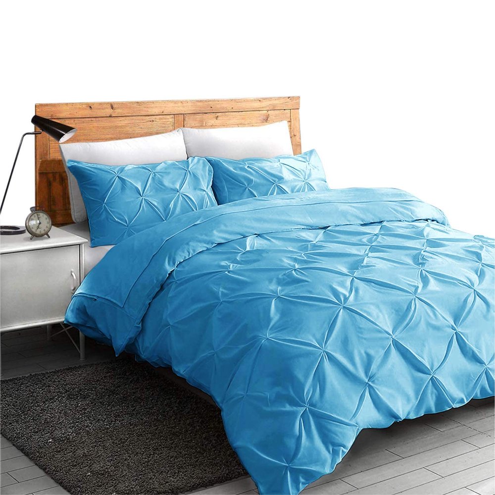 All Season Soft Luxurious Decorative Cotton Pintuck 3 Piece Oversized King Plus Duvet Cover Zipper & Corner Ties 2 Pillow Shams Sky Blue Comforter Cover Oversized King Plus-128"x120"