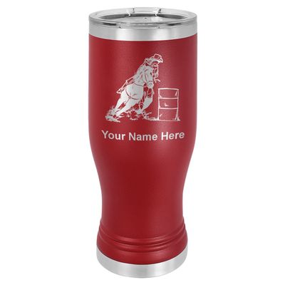 LaserGram 14oz Vacuum Insulated Pilsner Mug, Barrel Racer, Personalized Engraving Included (Maroon)