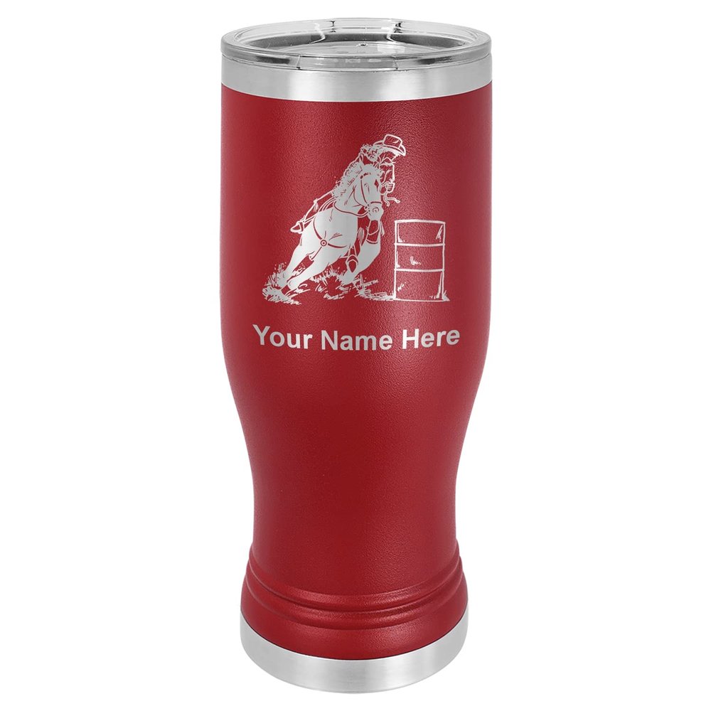 LaserGram 14oz Vacuum Insulated Pilsner Mug, Barrel Racer, Personalized Engraving Included (Maroon)