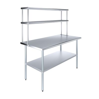 AmGood Stainless Steel Work Table with 12" Wide Double Tier Overshelf | Metal Kitchen Prep Table & Shelving Combo | NSF (Stainless Steel Table with Double Overshelves, 60" Long x 30" Deep)