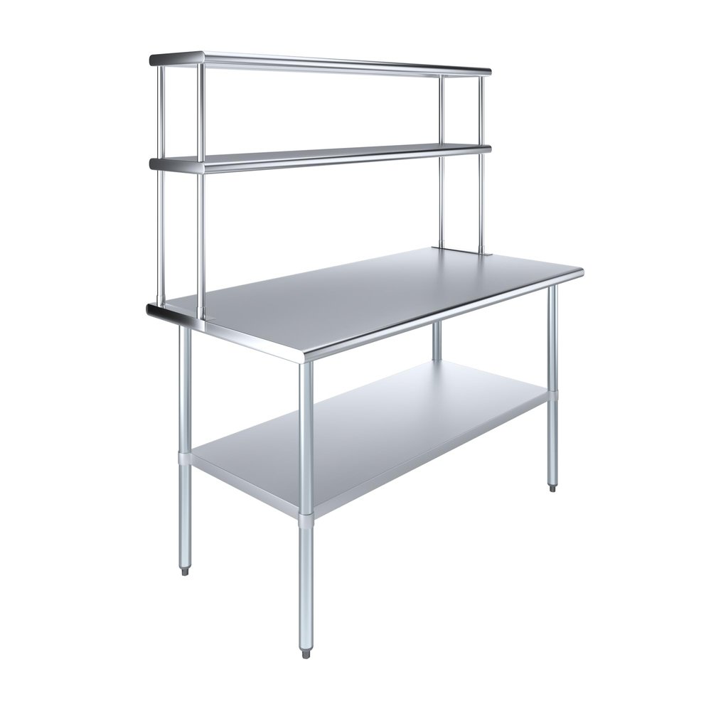 AmGood Stainless Steel Work Table with 12" Wide Double Tier Overshelf | Metal Kitchen Prep Table & Shelving Combo | NSF (Stainless Steel Table with Double Overshelves, 60" Long x 30" Deep)