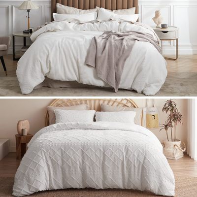100% Cotton Waffle Weave Coconut White Duvet Cover King Size & Boho Queen Duvet Cover Set for All Seasons