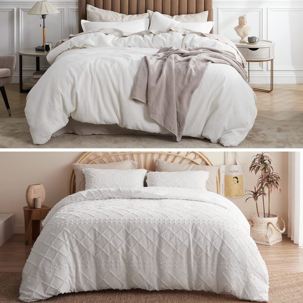 100% Cotton Waffle Weave Coconut White Duvet Cover King Size & Boho Queen Duvet Cover Set for All Seasons