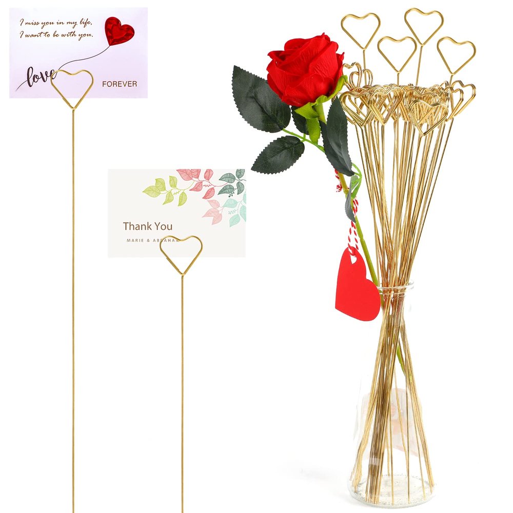 CCINEE 30Pcs Metal Wire Floral Place Card Holder Pick 13In Heart Golden Floral Picks Photo Memo Car Holder for Wedding Birthday Party Supply