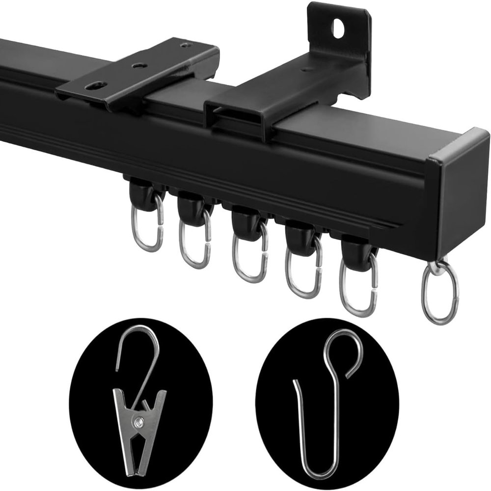 MaKefeile Ceiling Mount Curtains Track Room Divider Privacy Partition Separator Curtain Tracks Rods Heavy Duty RV Shower Outdoor Rail Clip Hook Set, Black 3-15ft