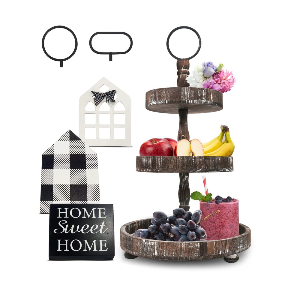 AONEHOME Adjustable 3 Tiered Tray Stand with 3 pcs Farmhouse Decor for Party