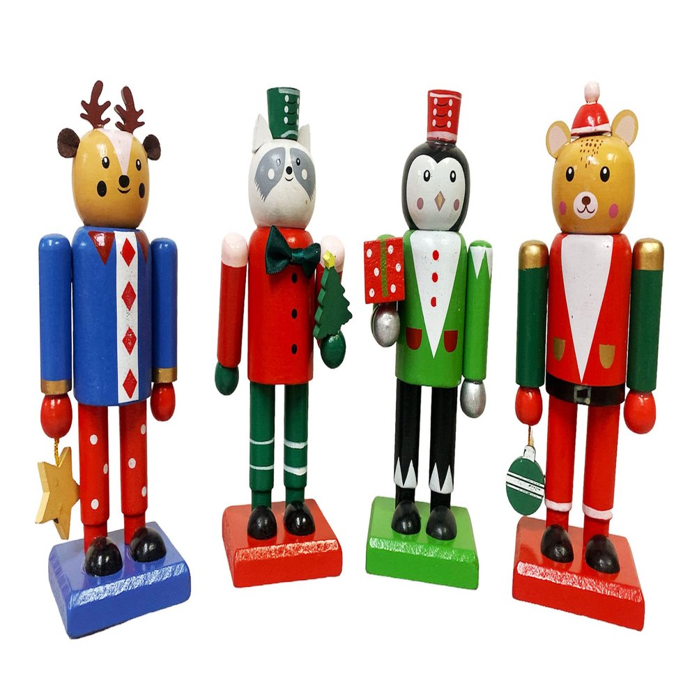 Christmas Nutcracker Soldiers Set of 4, 6.5 Inch Wooden Figurine Display Set Penguin, Reindeer, Bear, and Raccoon