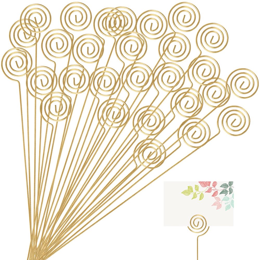 CCINEE 30Pcs Metal Wire Floral Place Card Holder Pick 13In Golden Floral Picks Photo Memo Car Holder for Wedding Birthday Party SupplyRound Shaped
