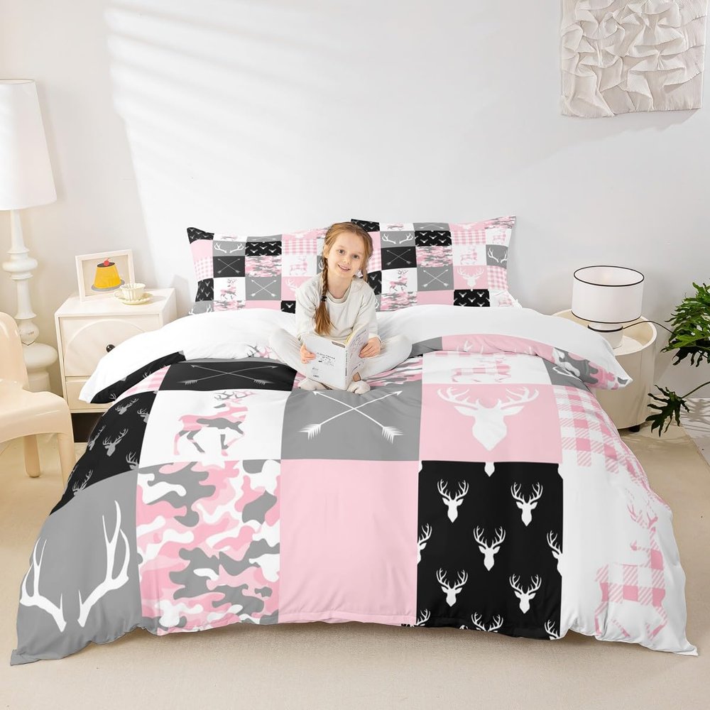 Camo Kids Duvet Cover Set Twin,Deer Antler Silhouette Pink Camouflage Comforter Cover for Boys Girls New Year Xmas Decor,Animals Rustic Quilt Cover,Arrow Geometric Lattice Bedding Set,1 Pillowcase