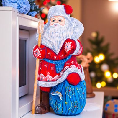 TYCHEART STUDIO Wooden Carved Santa Claus Figurine 9" Handmade Christmas Home Decoration Made in Ukraine
