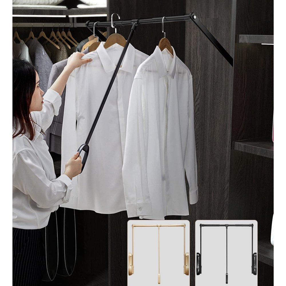 90 Pull Down Closet Rod, Wardrobe Rail Lift Soft-Close Hanger for Hanging Clothes Organizer Storage System Space Saving Ergonomic Handle, Adjustable Width,Black,650to850mm