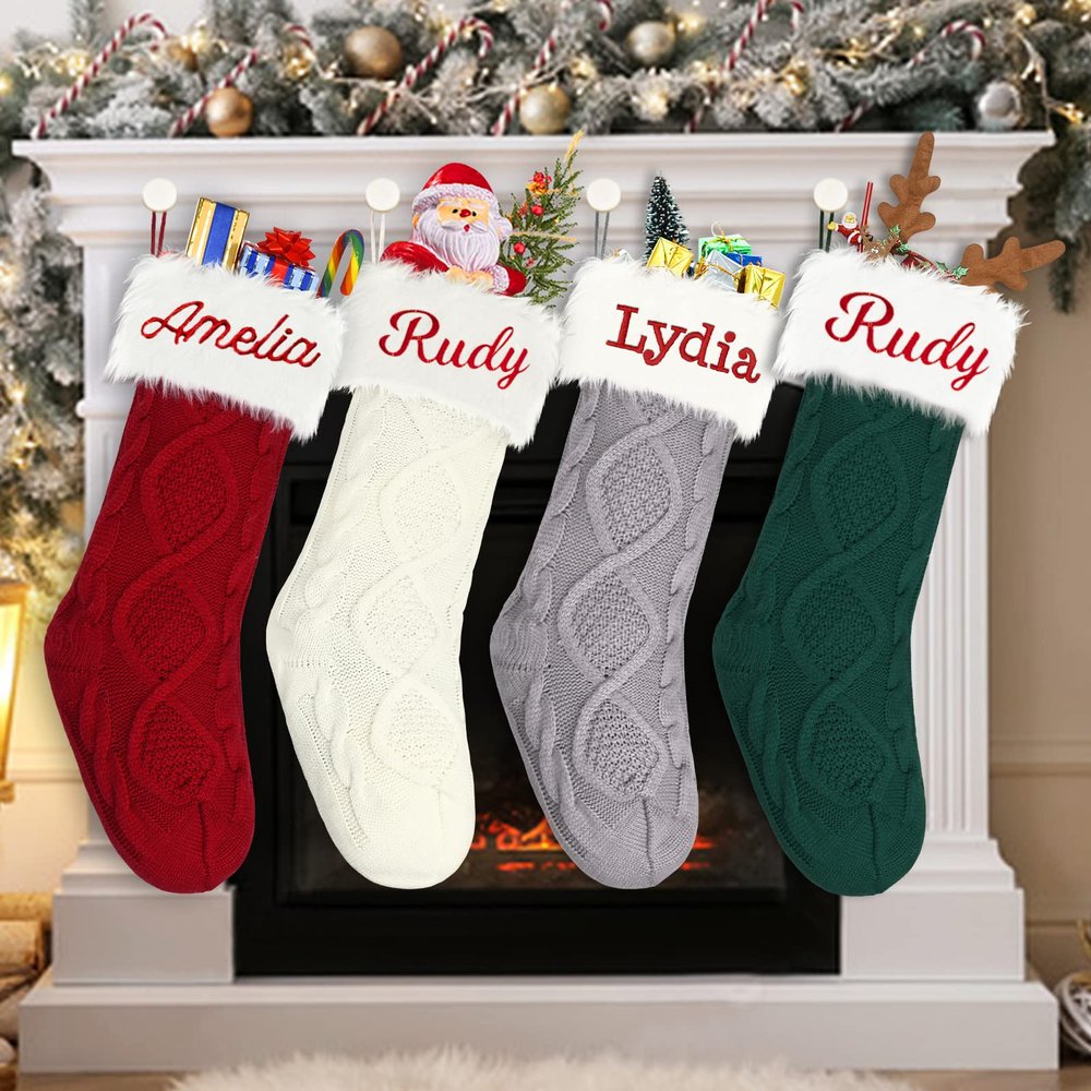 Dodosky Christmas Stocking 4Pack, Burgundy, Green, Grey and Ivory White Personalized Christmas Stocking, Custom Christmas Stocking, Knitted Christmas Stocking, Family Christmas Stocking