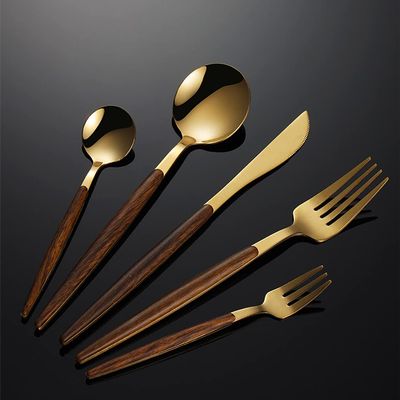 Gold Wooden Silverware Set 30 Piece Flatware Sets for 6 With Imitation Wood Handle Stainless Steel Home Kitchen Wedding Restaurant Cutlery Utensils Delicate Knifes Forks and Spoons Set
