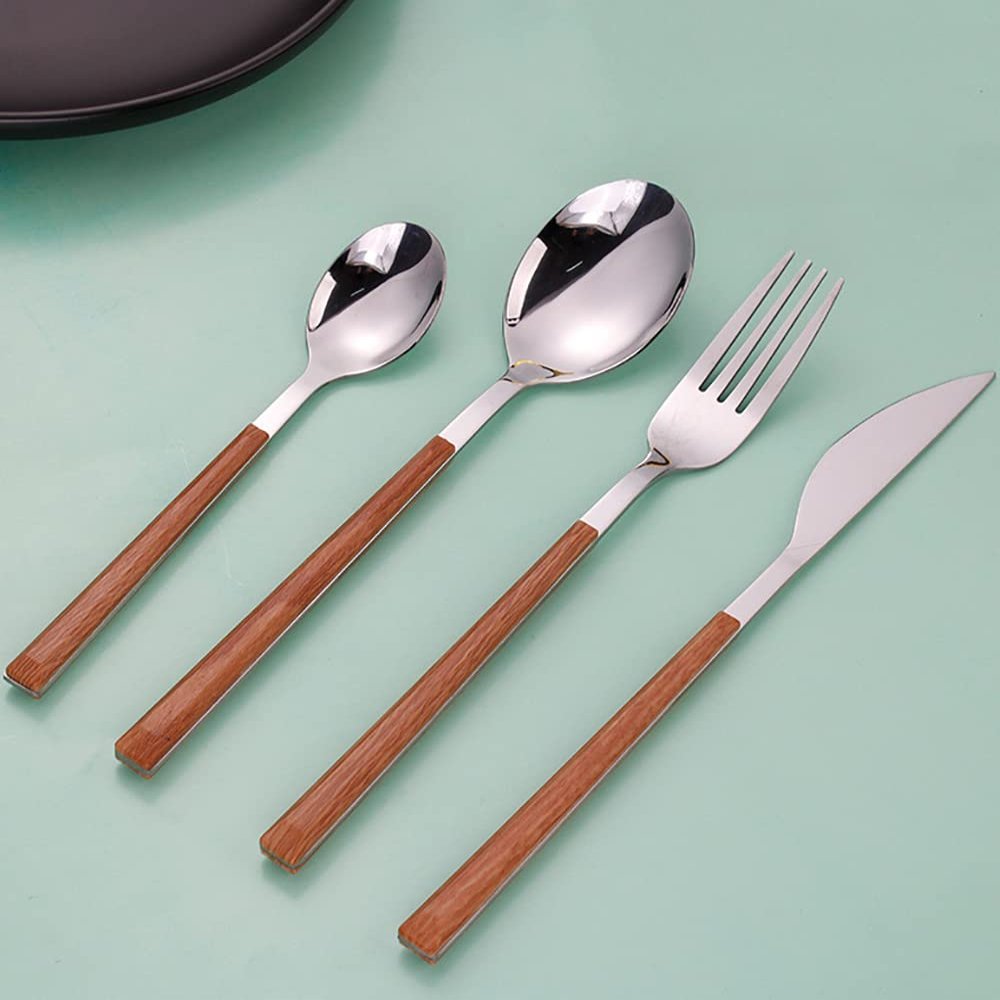 Wooden Silverware Set 40 Piece Flatware sets for 10 With Wood Imitation Wood Handle Stainless Steel Cutlery Utensils Set for Wedding Home Kitchen Restaurant Include Knifes Forks and Spoons Set