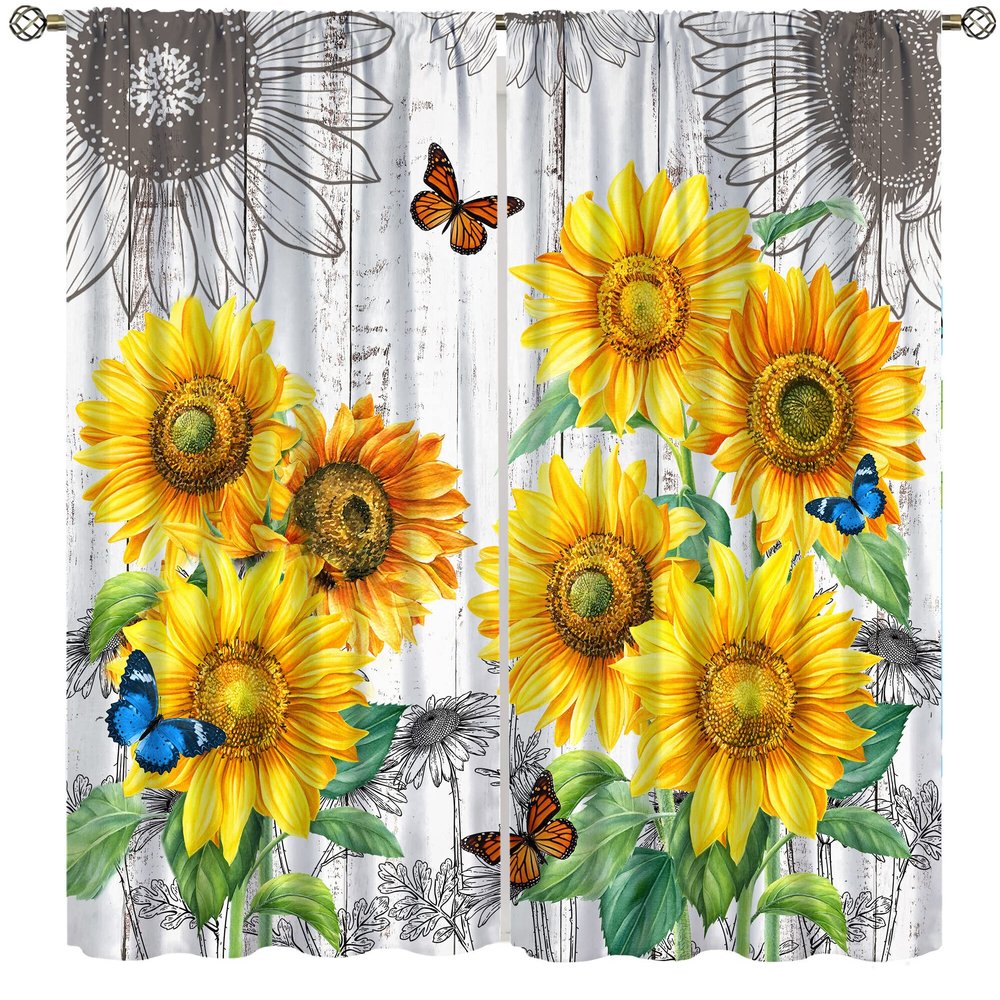 Sunflower Kitchen Curtain Sets 2 Panels,Rustic Background Bedroom Living Room 2 Piece Curtain Set 55x63in