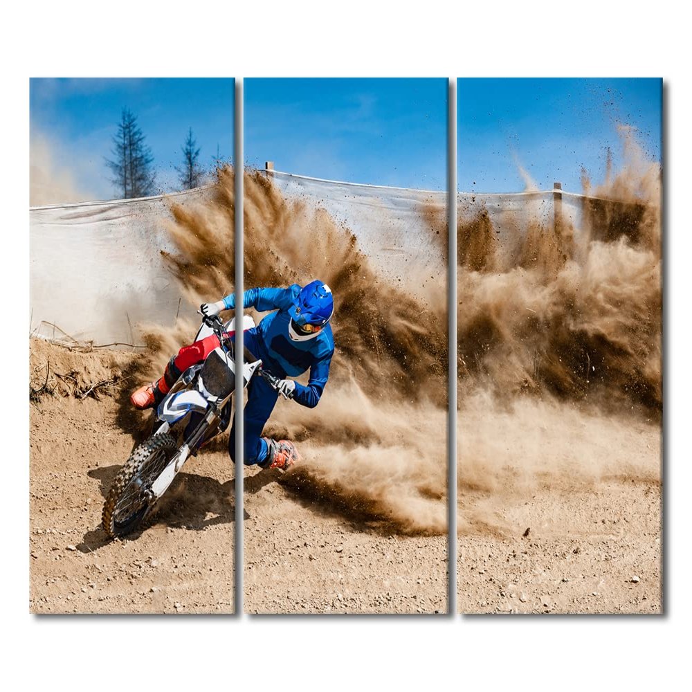 3 Piece Canvas Wall Art Motocross Racing Painting Bedroom Decor Canvas Wall Art Modern Sports Artwork Wall Decorations for Living Room Home Decor Poster Wall Art Framed Ready to Hang - 40"W x 60"H