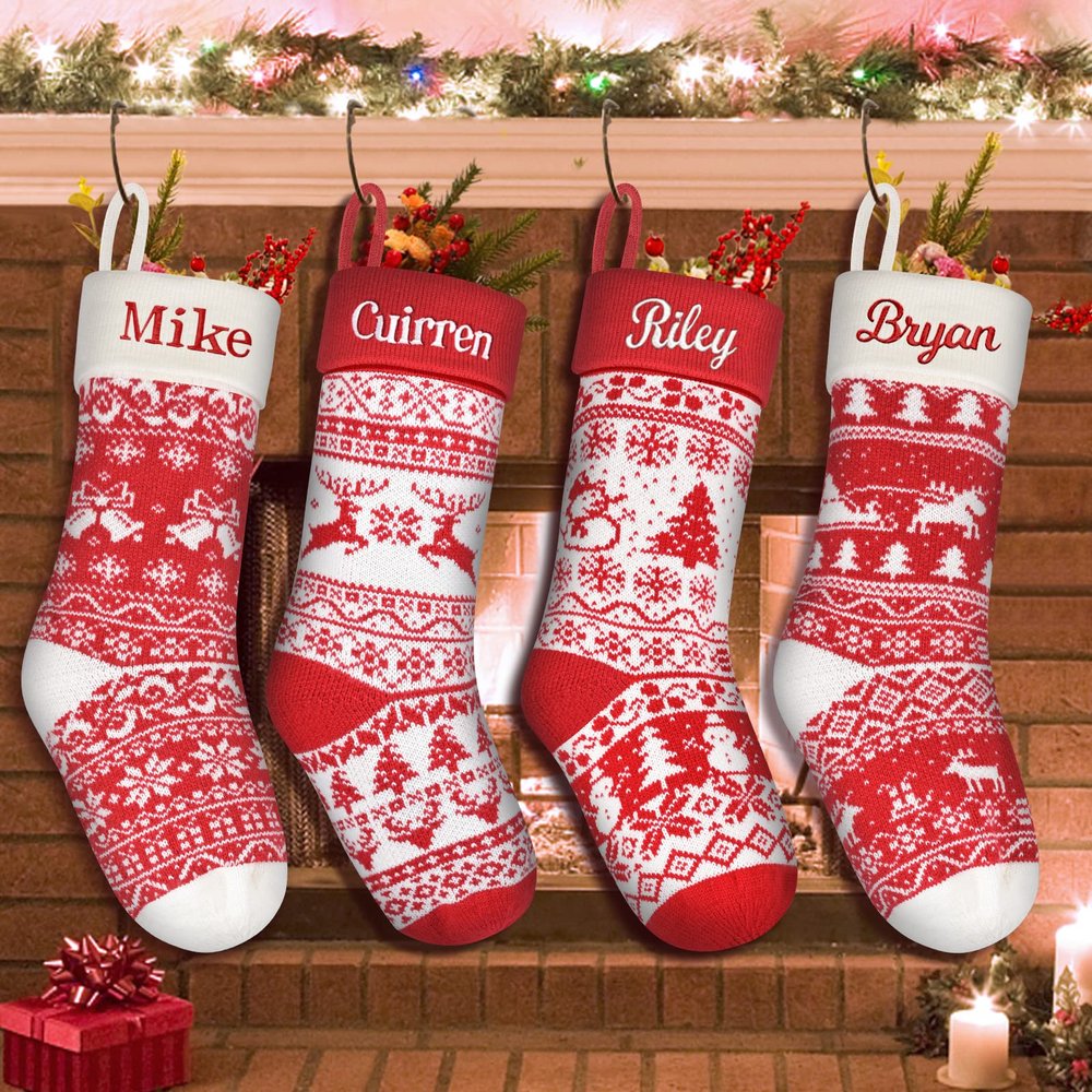 Dodosky Personalized Christmas Stockings 4Pack, Elk, Sledge, Snowman, Bells Christmas Stockings with Names Personalized Knit Stockings Family Christmas Stockings Embroidered Christmas Stockings