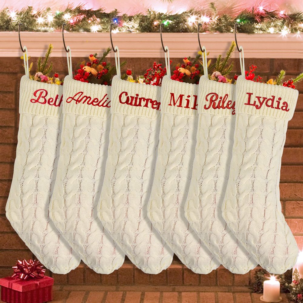 Dodosky Christmas Stockings, 6Pack Ivory White Christmas Stockings Personalized Christmas Stockings for Family Personalized Stockings Christmas Holiday Decorations Custom Christmas Stockings with Name