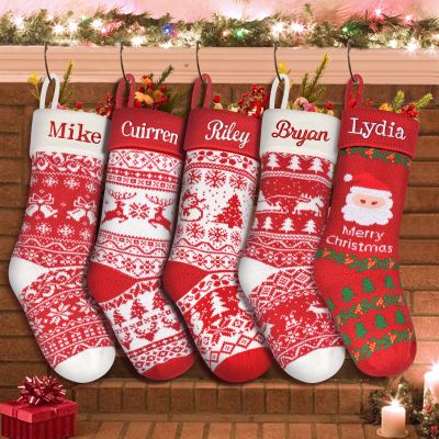 Dodosky Personalized Christmas Stocking 5Pack, Santa Claus, Elk, Sledge, Snowman, Bells Christmas Stocking with Name Personalized Knit Stocking Family Christmas Stocking Embroidered Christmas Stocking