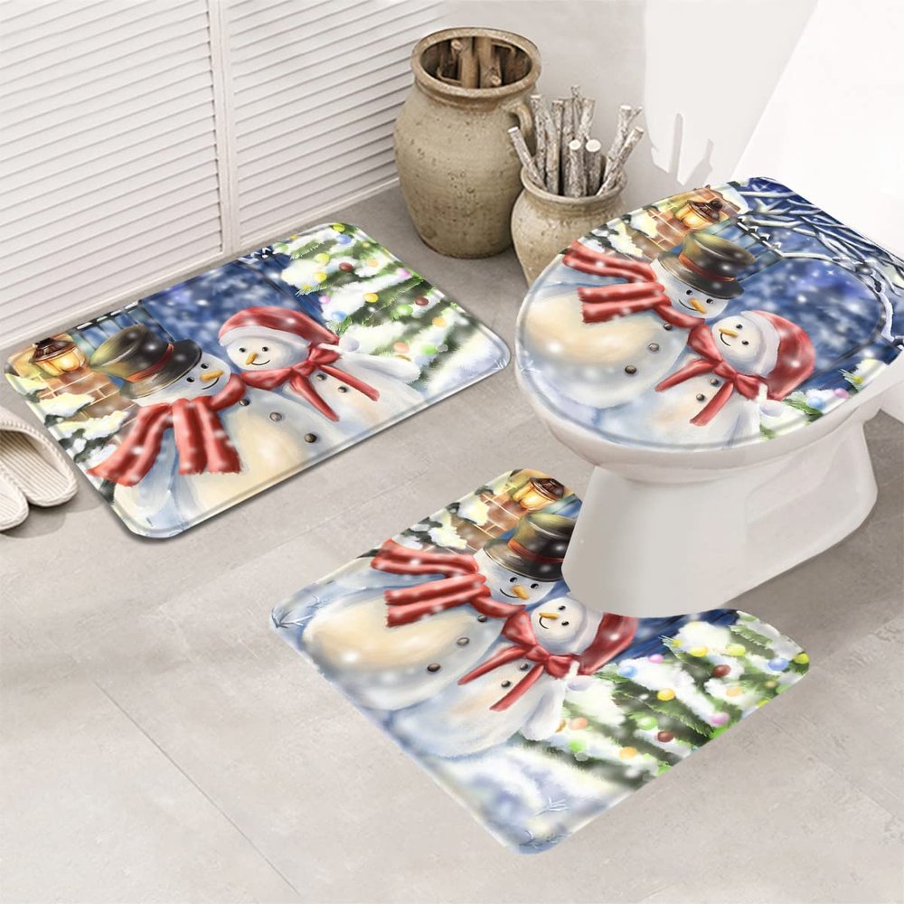 3 Piece Bathroom Rug Sets, Christmas Snowman Non Slip Bath Rug Contour Mat and Toilet Lid Cover, Absorbent Shower Mats Soft Bath Rug and Mat Sets Xmas Tree Snowflake Watercolor Illustraction Small