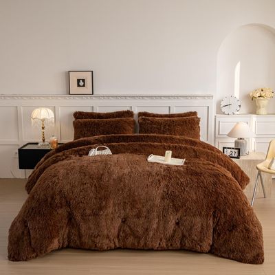 chovy Faux Fur Plush Coffee Comforter Sets King - Ultra Soft Shaggy Flannel Velvet Fluffy Fuzzy 3PC Bedding Set Comforter x 1 Pillowcases x 2