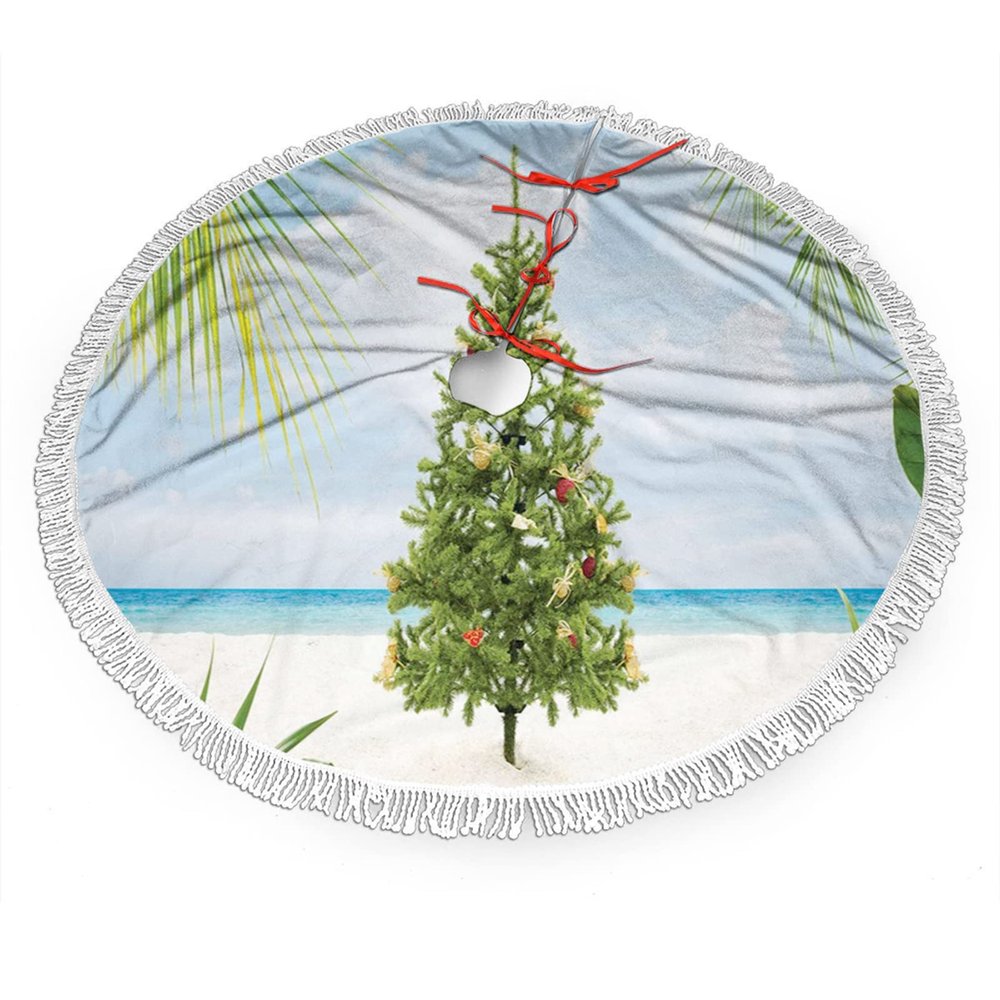 Christmas Christmas Tree Skirt with Tassels,Tropical Island Sandy Beach Party Theme, Snowflakes Xmas Tree Skirts for Holiday Party Home Deco,Green 48 Inches