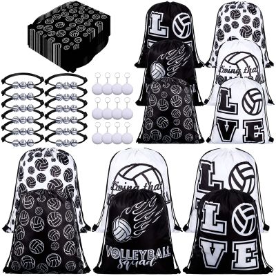 Patelai 36 Pcs Volleyball Party Favors 12 Volleyball Drawstring Gift Bags Team Sports Goodie Treat Bag Candy Snack Backpack 12 Adjustable Bracelets 12 Keychains for Birthday Party Supplies Decorations