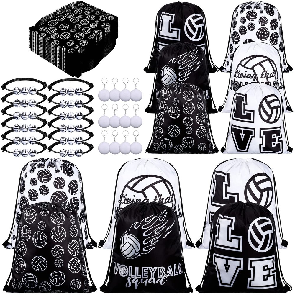 Patelai 36 Pcs Volleyball Party Favors 12 Volleyball Drawstring Gift Bags Team Sports Goodie Treat Bag Candy Snack Backpack 12 Adjustable Bracelets 12 Keychains for Birthday Party Supplies Decorations