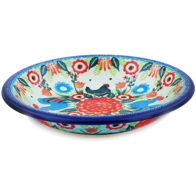 Polmedia Polish Pottery Pasta Bowl 9-inch - Rooster Fiesta Pattern Handmade in Boleslawiec Poland by Ceramika Bona + Certificate of Authenticity