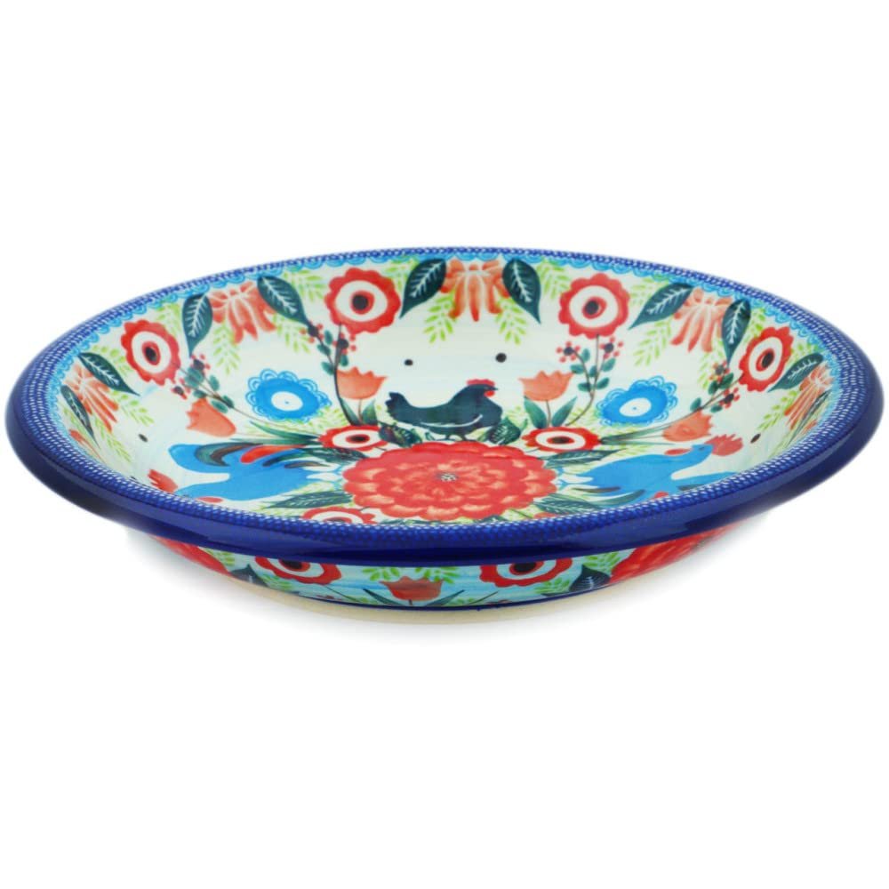 Polmedia Polish Pottery Pasta Bowl 9-inch - Rooster Fiesta Pattern Handmade in Boleslawiec Poland by Ceramika Bona + Certificate of Authenticity