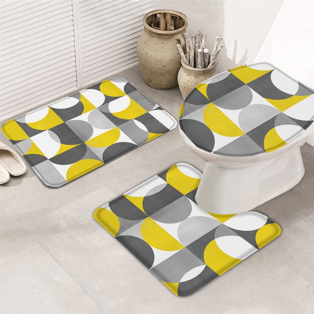Bath Mat 3 Piece Bathroom Rug Sets, Yellow Gray Geometric Non Slip Bath Rug Contour Mat and Toilet Lid Cover, Absorbent Shower Mats Soft Bath Rug and Mat Sets Nordic Abstract Circle Design Large