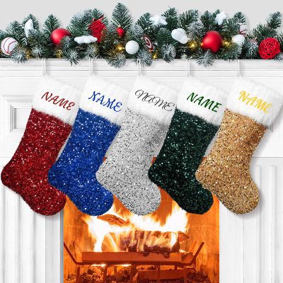 AtiMing Personalized Christmas Stockings Sequin Family of 6 Large Red Blue Green Gold Silver Sparkly Custom Christmas Stockings with Names Customized Stockings for Xmas Fireplace Decorations