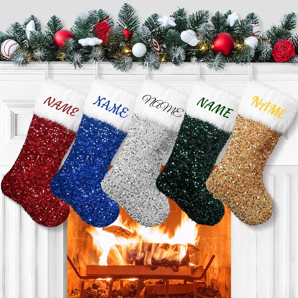 AtiMing Personalized Christmas Stockings Sequin Family of 6 Large Red Blue Green Gold Silver Sparkly Custom Christmas Stockings with Names Customized Stockings for Xmas Fireplace Decorations