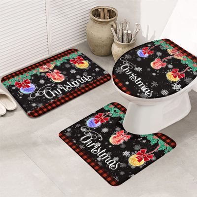 Bath Mat 3 Piece Bathroom Rug Sets, Christmas Non Slip Bath Rug Contour Mat and Toilet Lid Cover, Absorbent Shower Mats Soft Bath Rug and Mat Sets Colorful Xmas Lamp Balls Snowflake Red Plaid Small