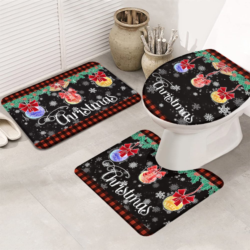 Bath Mat 3 Piece Bathroom Rug Sets, Christmas Non Slip Bath Rug Contour Mat and Toilet Lid Cover, Absorbent Shower Mats Soft Bath Rug and Mat Sets Colorful Xmas Lamp Balls Snowflake Red Plaid Small