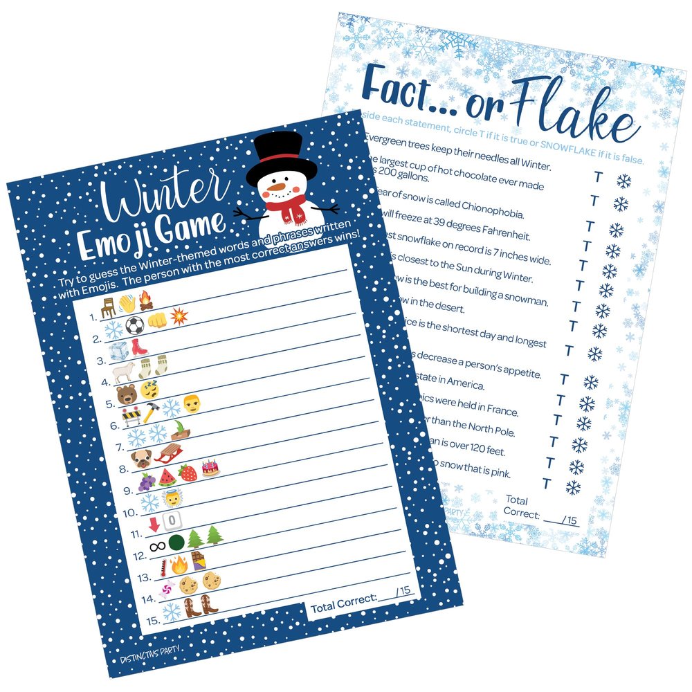 DISTINCTIVS Winter Holiday Party Games Emoji Picture Guessing and Fact or Flake Winter Trivia 2 Game Bundle for Kids - 25 Dual Sided Cards