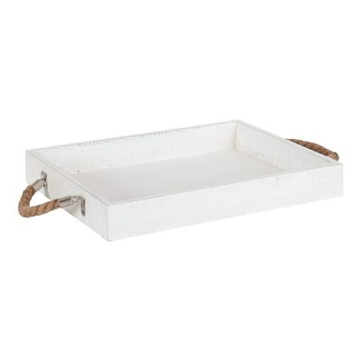 Kate and Laurel Bayville Coastal Farmhouse Wood Tray; 13 x 17; White; Decorative Wooden Tray with Rope Handles and Rustic Distressed Finish for Serving; Storage; and Display