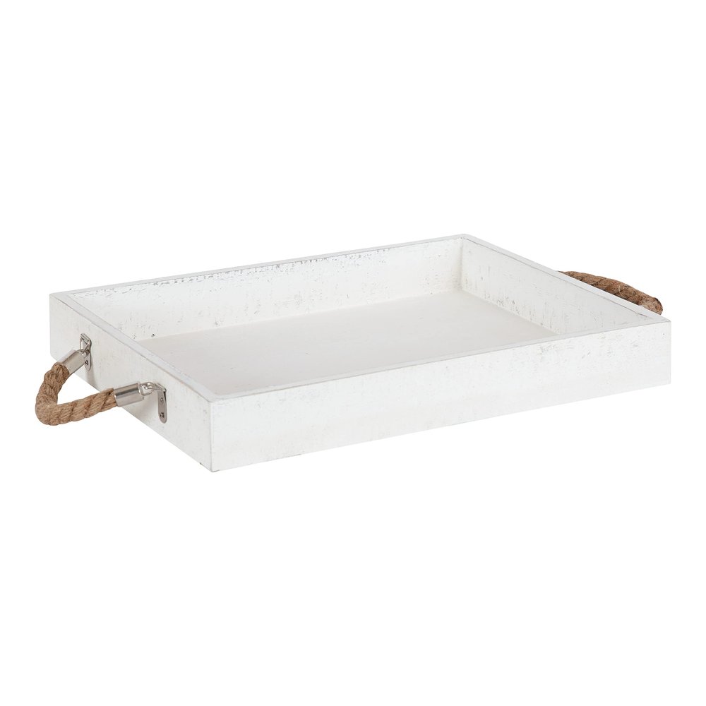 Kate and Laurel Bayville Coastal Farmhouse Wood Tray; 13 x 17; White; Decorative Wooden Tray with Rope Handles and Rustic Distressed Finish for Serving; Storage; and Display