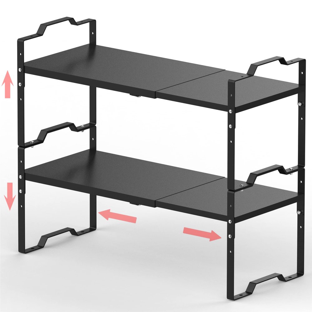 Jojocross Expandable Shelf for Cabinet Organizer Adjustable Stackable Spice Rack at Kitchen and Bathroom more, Counter Countertop Cupboard Organization Pantry Storage(MEDIUM/2PACKS/BLACK)