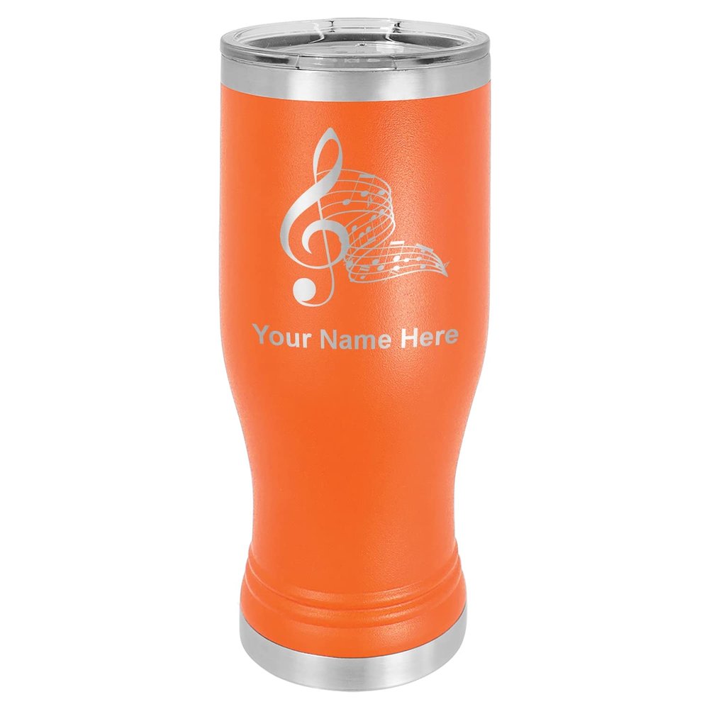 LaserGram 14oz Vacuum Insulated Pilsner Mug, Musical Notes, Personalized Engraving Included (Orange)