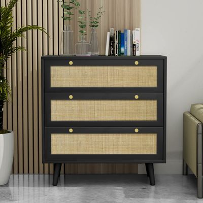 Anmytek Black Dresser for Bedroom with 3 Drawers, Modern Wood 3 Drawer Dresser, Black Chest of Drawer with Spacious Storage Rattan Dresser for Bedroom Living Room H0075
