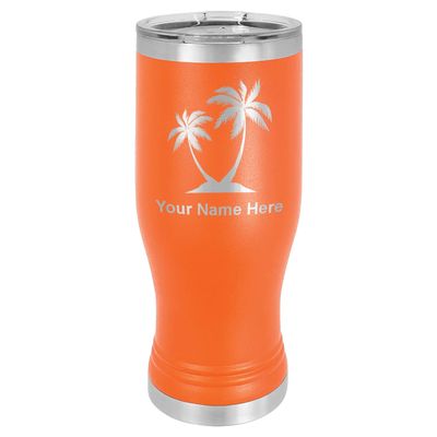 LaserGram 14oz Vacuum Insulated Pilsner Mug, Palm Trees, Personalized Engraving Included (Orange)