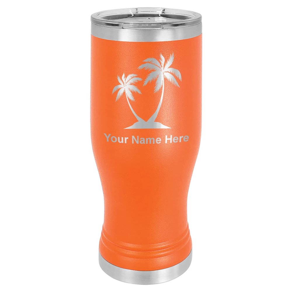 LaserGram 14oz Vacuum Insulated Pilsner Mug, Palm Trees, Personalized Engraving Included (Orange)